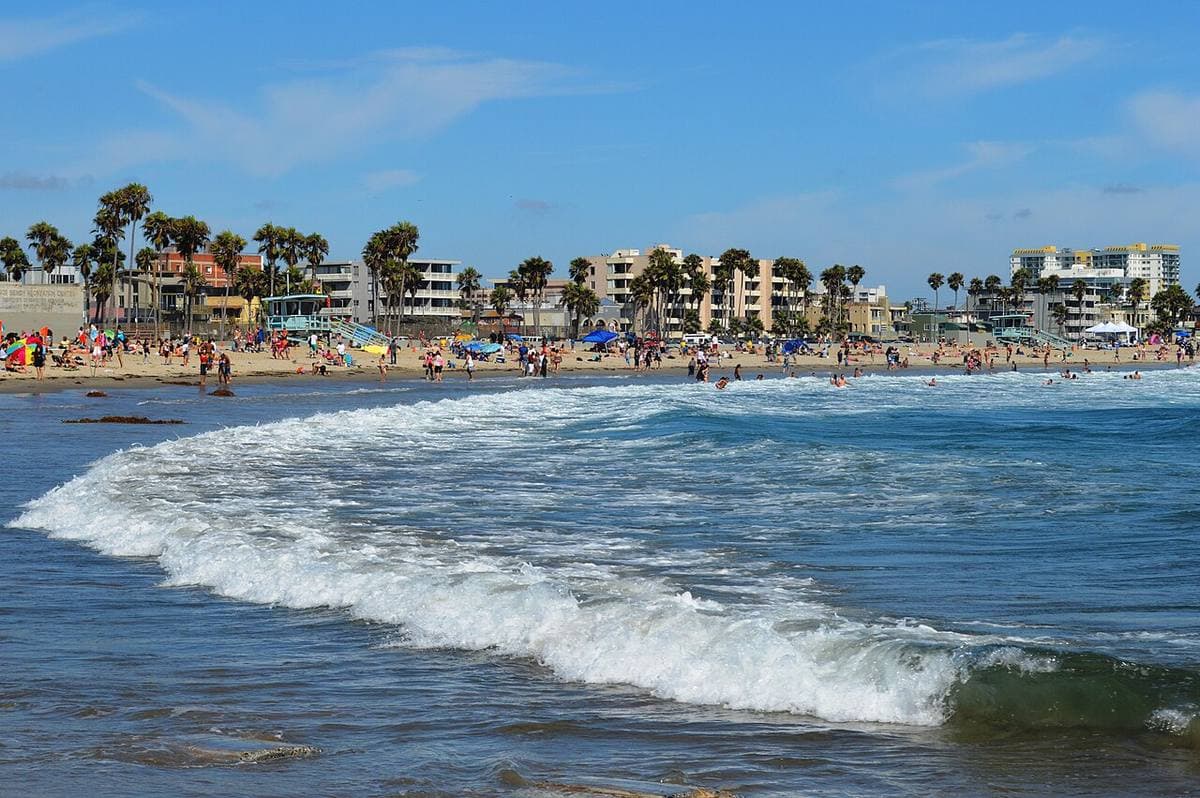 A broad beach seen from above with the ocean on the left