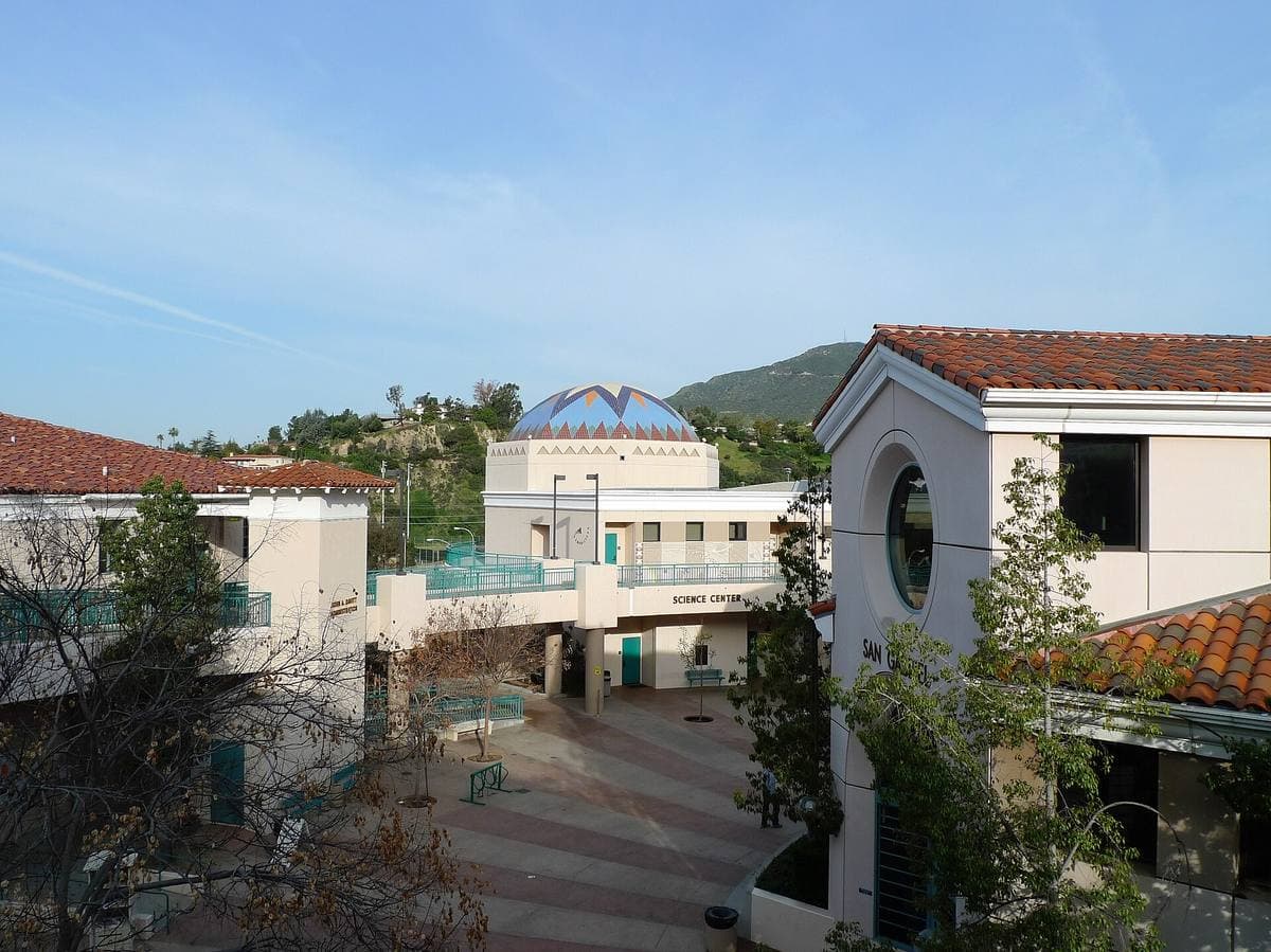 Low modern college buildings with palm trees and a green lawn under a blue sky