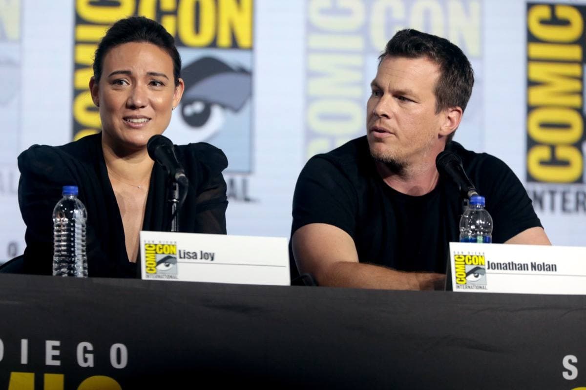 Lisa Joy and Jonathan Nolan on a convention stage