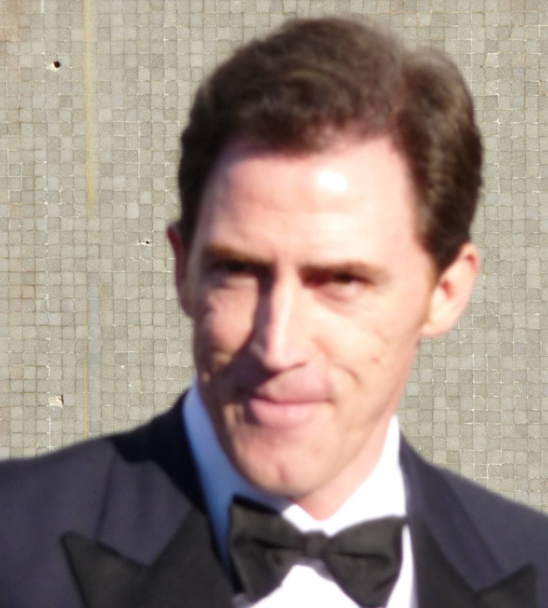 Rob Brydon in a dinner jacket and bow tie, smiling slightly, on the red carpet