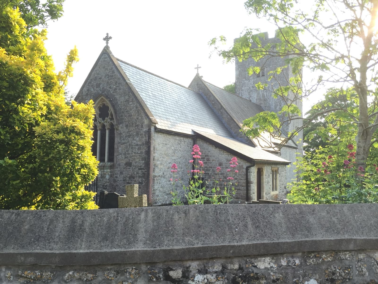 A small grey stone church with a squat tower among trees and valerian