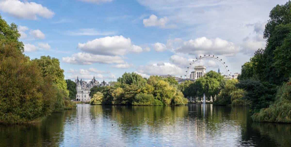A lake with trees and an island, Whitehall rooftops beyond