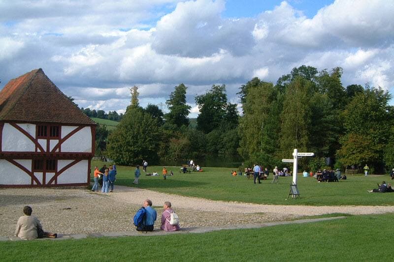 Old timber-framed houses on a grassy slope