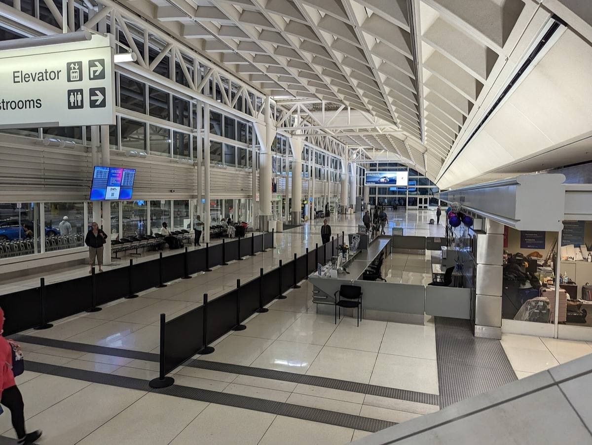 An airport terminal lit up at night