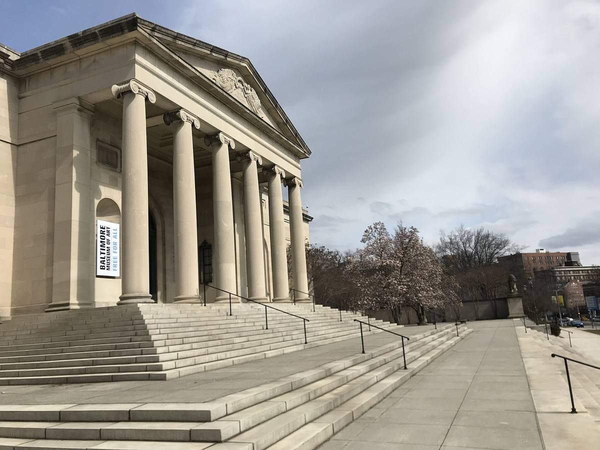 A neoclassical museum portico with columns above wide steps