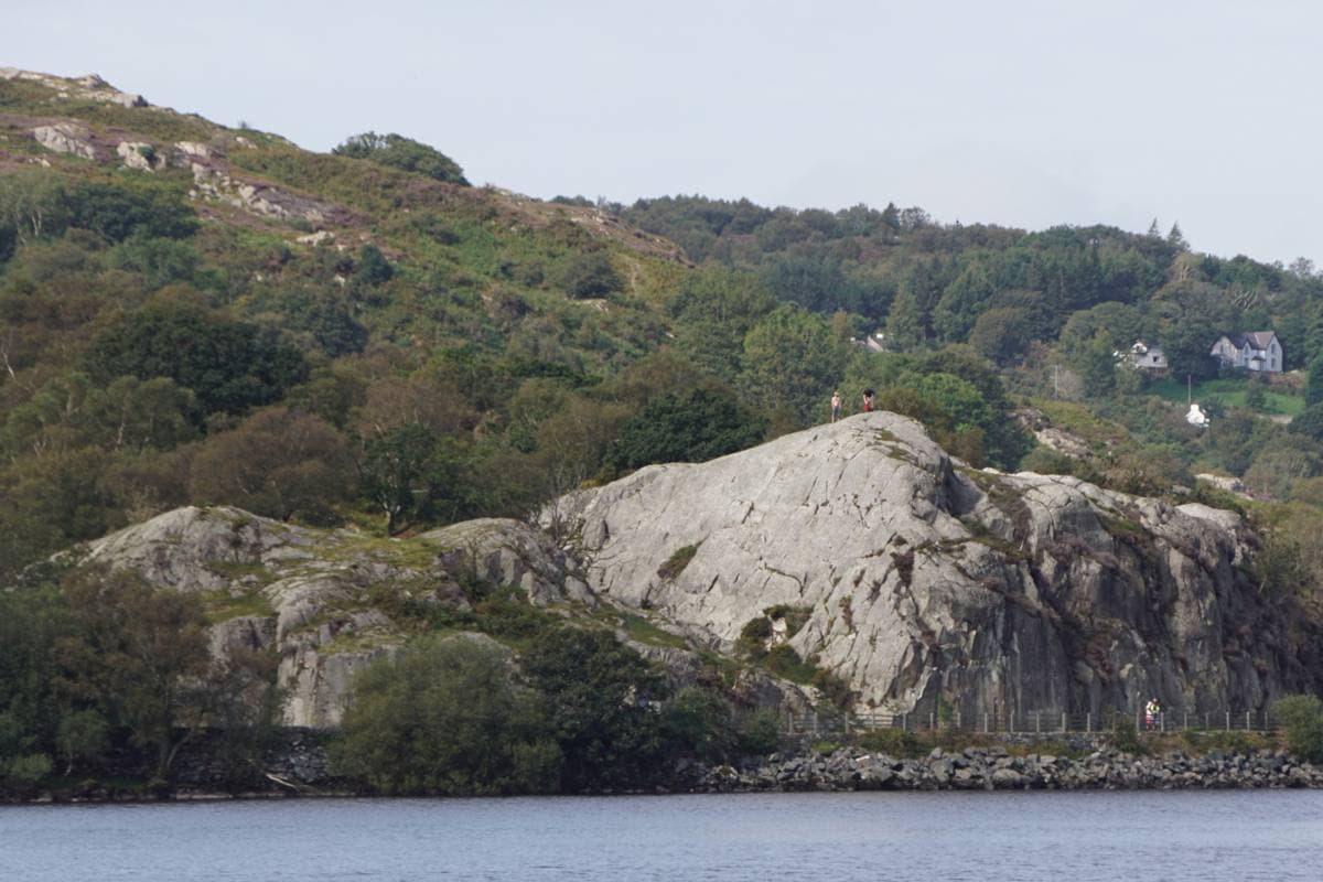 A rocky crag among trees beside a road