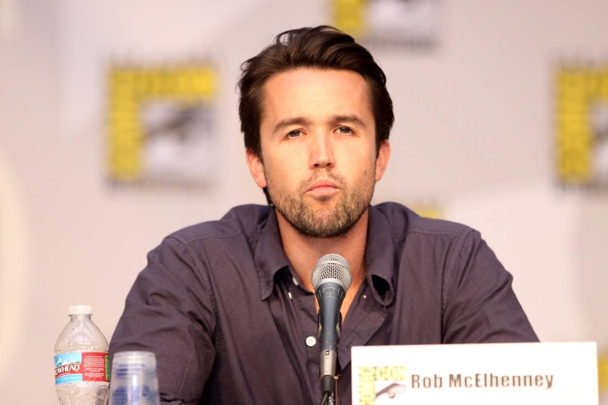 Rob McElhenney speaking into a microphone at a panel