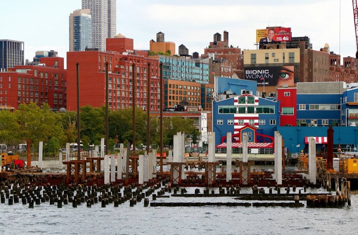 Long pier buildings on the Hudson River waterfront