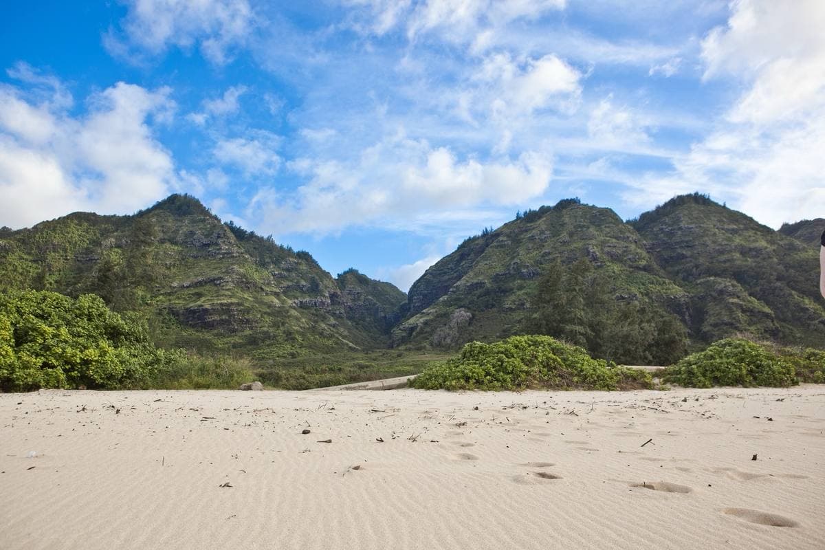 An empty pale-sand beach below green, jagged hills under a bright sky