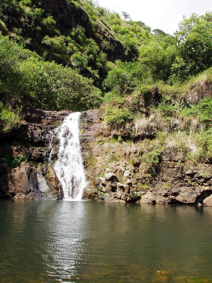 A narrow waterfall dropping into a dark green pool walled by rock and trees