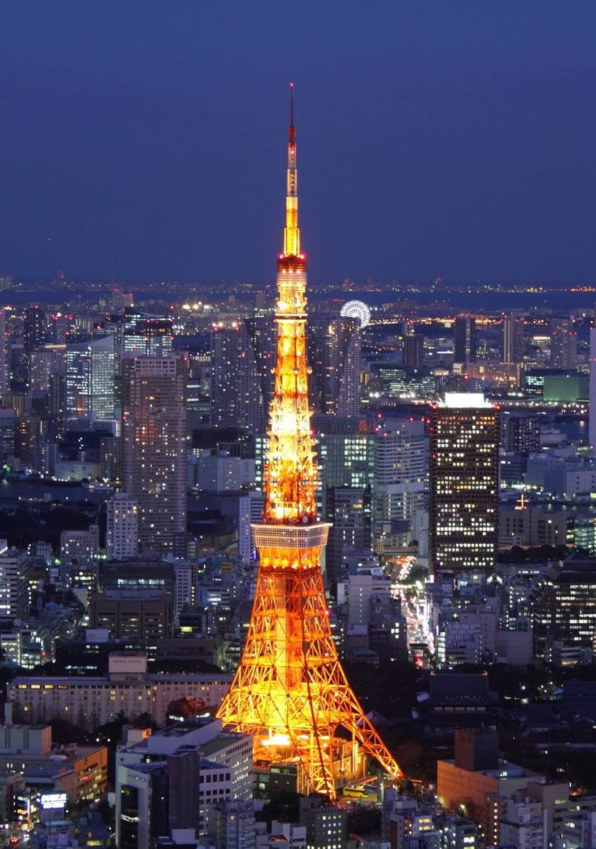 Tokyo Tower lit orange at night above the city