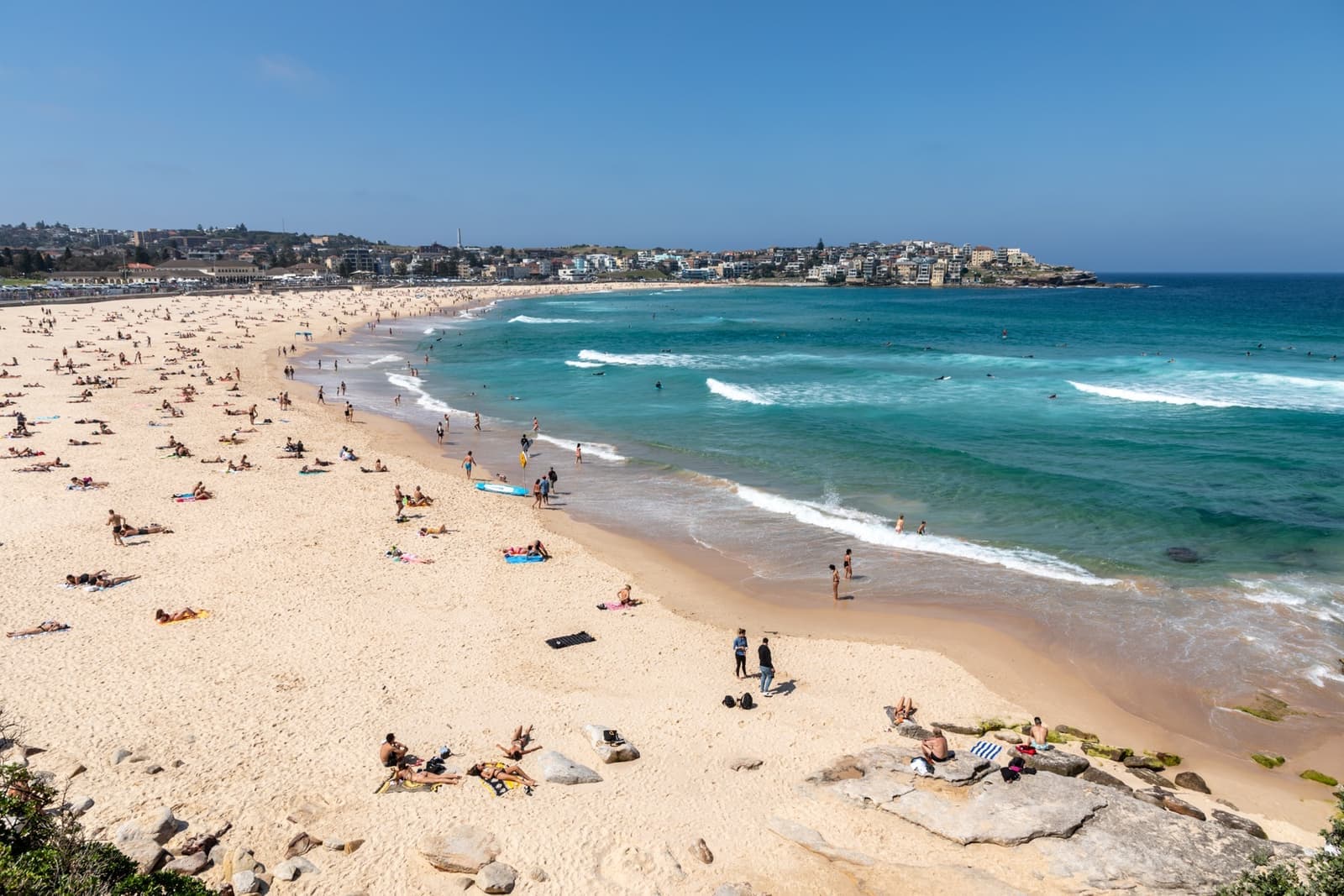 A crescent of pale sand and surf under a clear blue sky