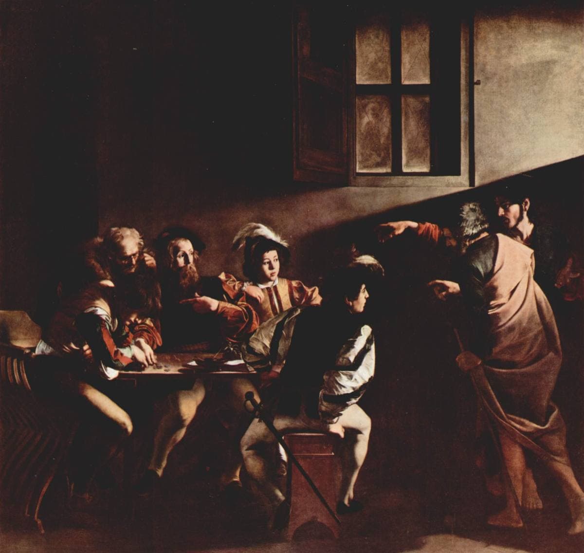 Men at a table in a dark room turn as a shaft of light falls across them from the right, where Christ points