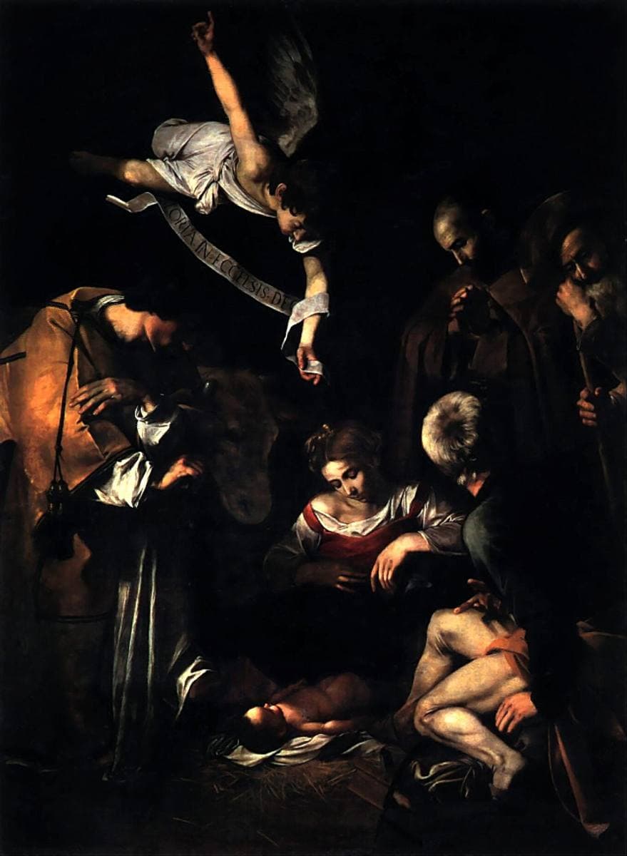 A dark nativity: the Virgin leans over the child on straw, saints and an angel above