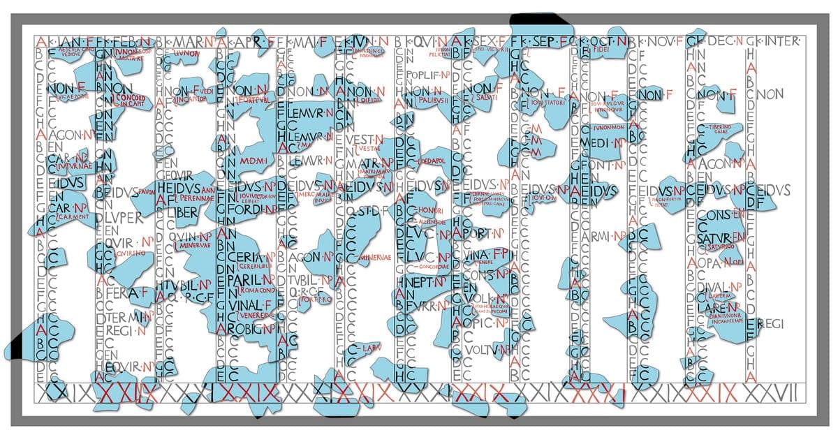 A drawing of a calendar in twelve columns of letters, with the surviving fragments shaded