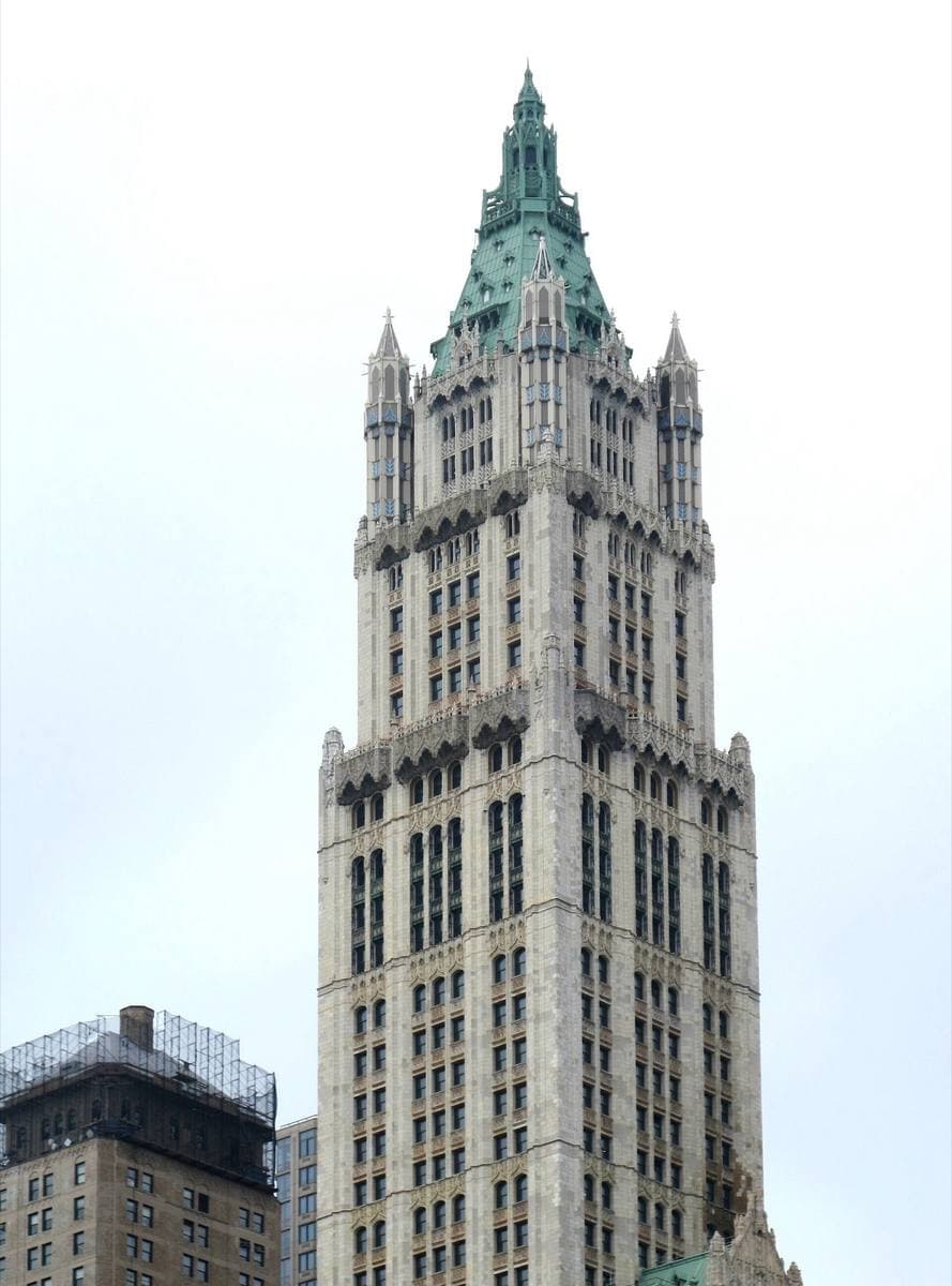 The Gothic white terracotta tower of the Woolworth Building with its green copper crown
