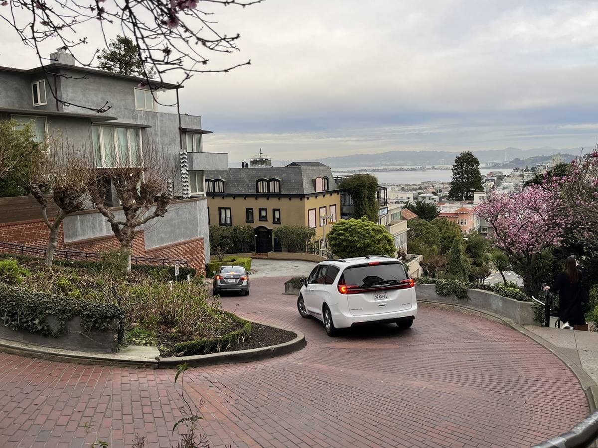 Cars winding down the hairpins of Lombard Street between flower beds