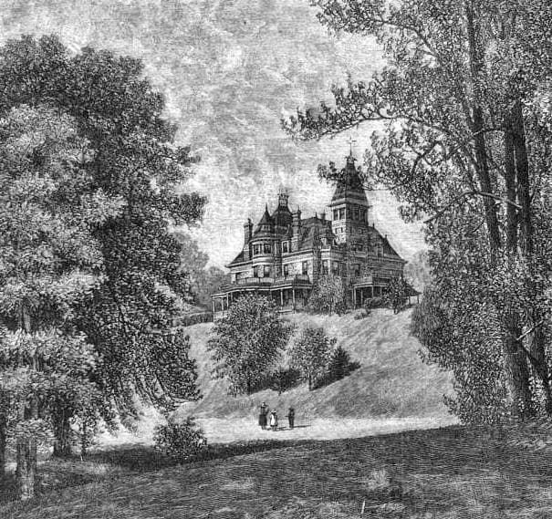 An engraving of a stone Victorian mansion with a tower above the Hudson