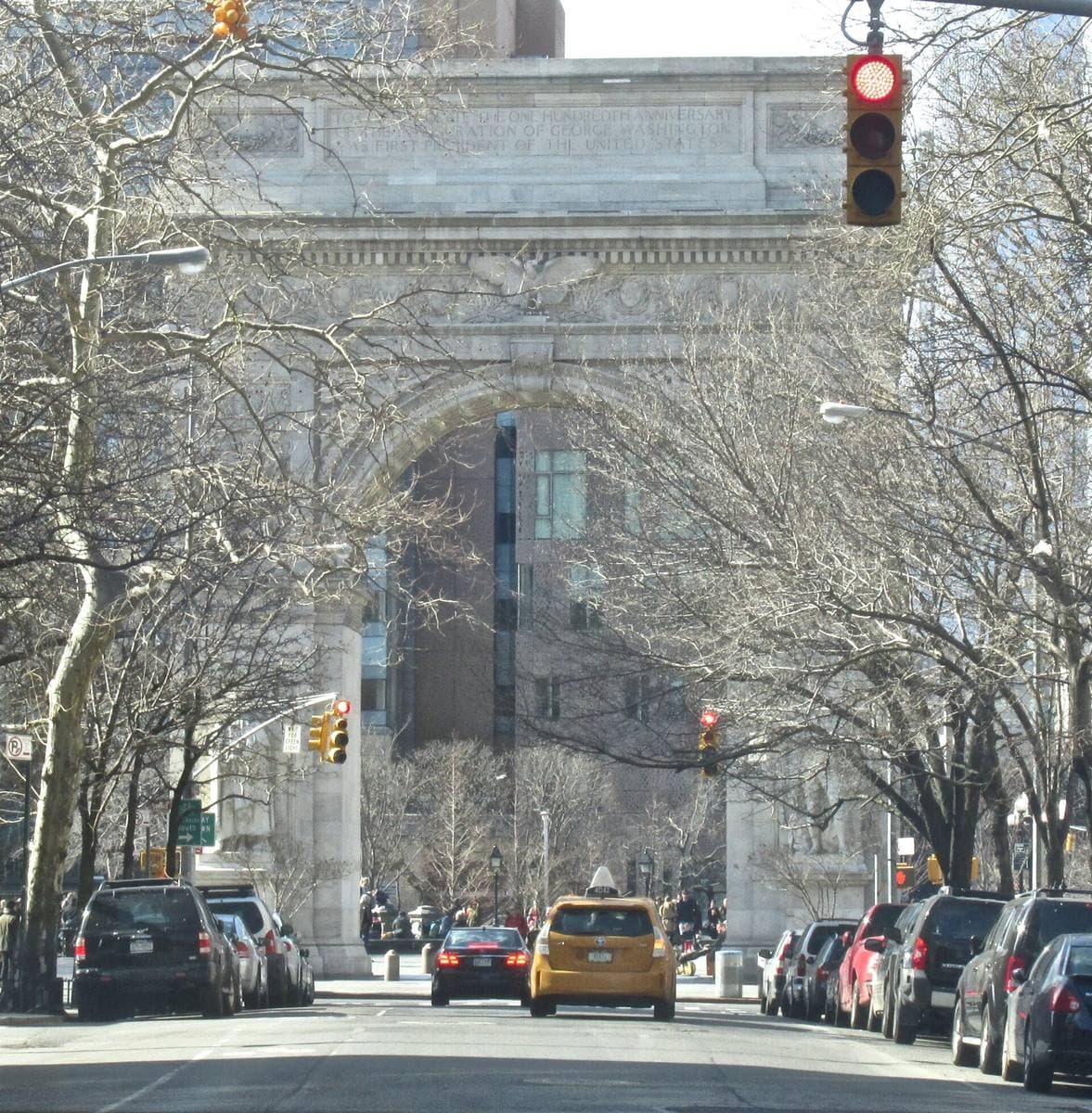 The white marble Washington Square Arch seen down Fifth Avenue