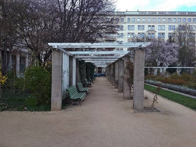 A small formal garden with a pergola and clipped beds in early spring