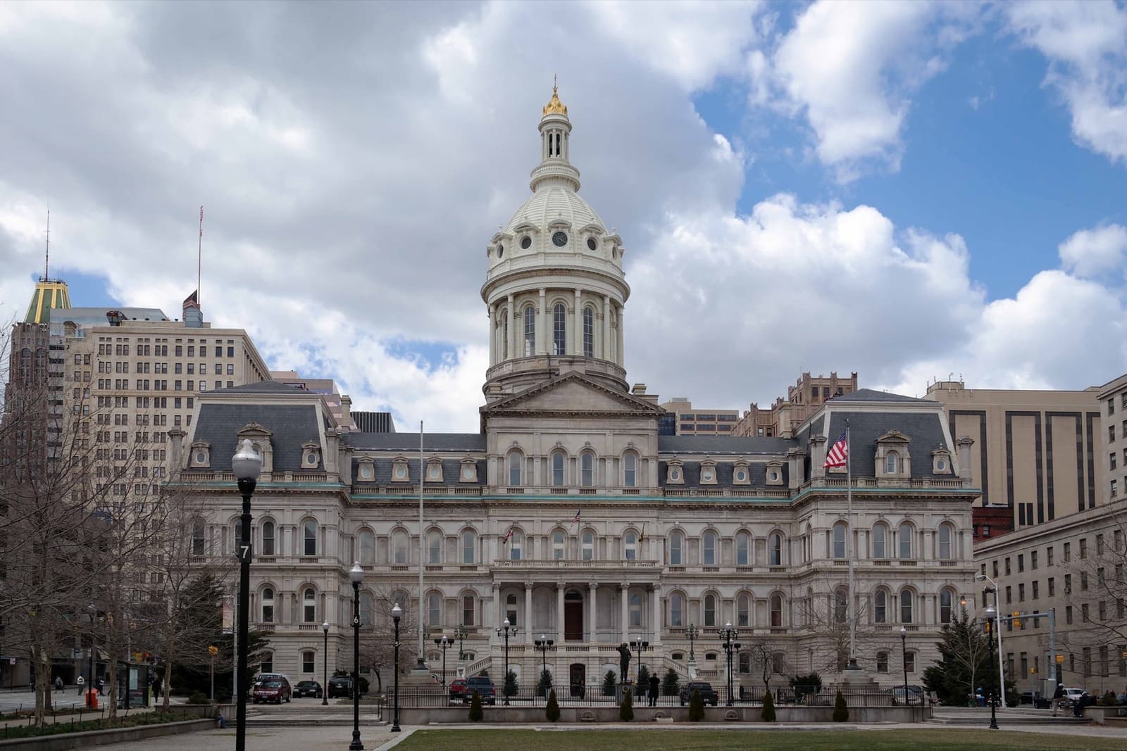 Baltimore City Hall, a domed civic building, seen square on
