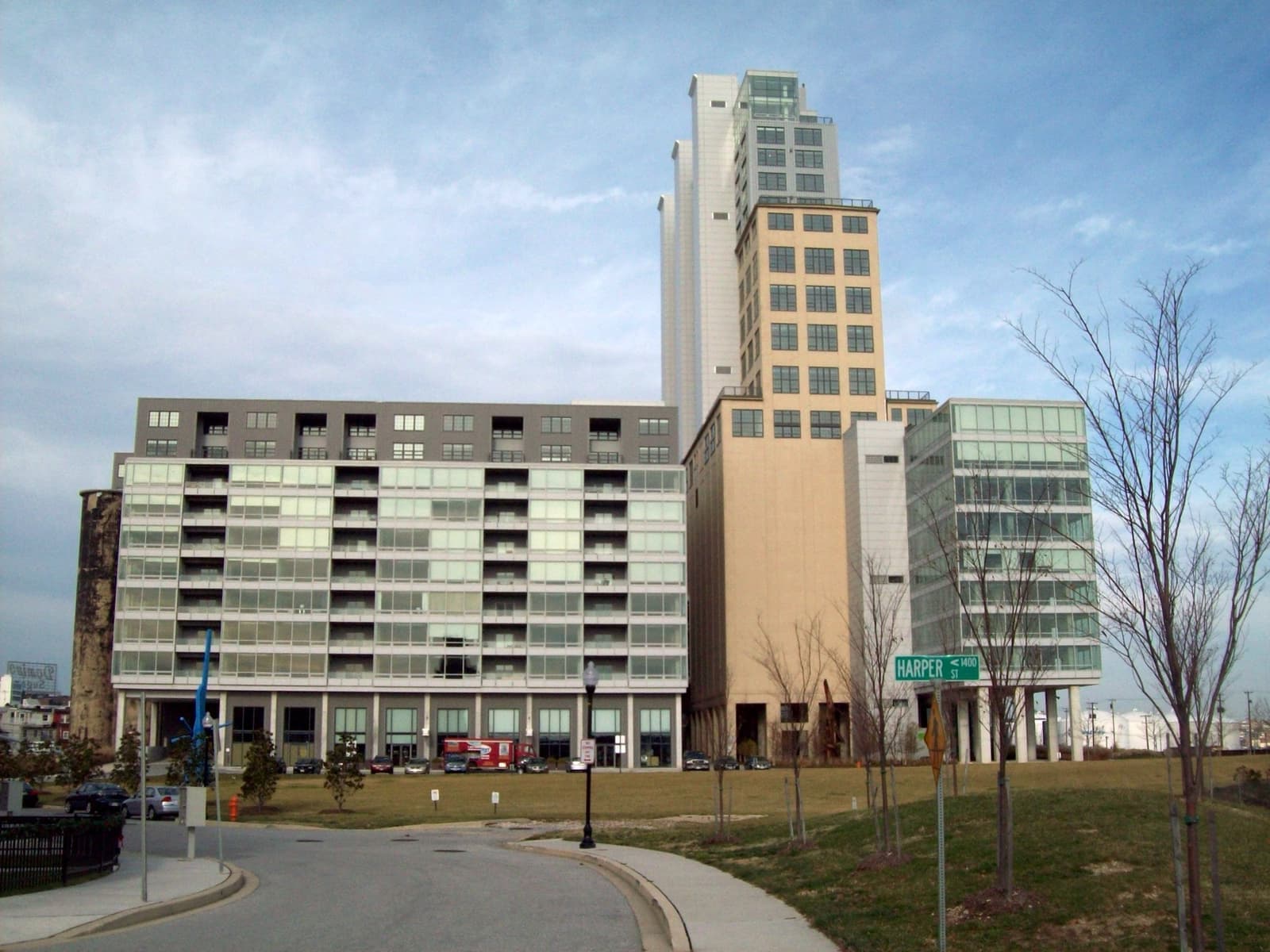 The converted grain elevator tower of Silo Point with condominiums