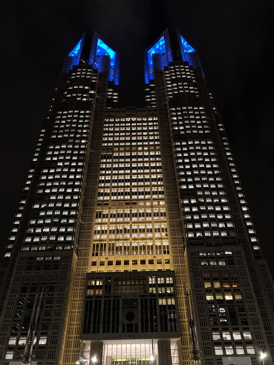 Twin towers of a city hall at night with lit windows