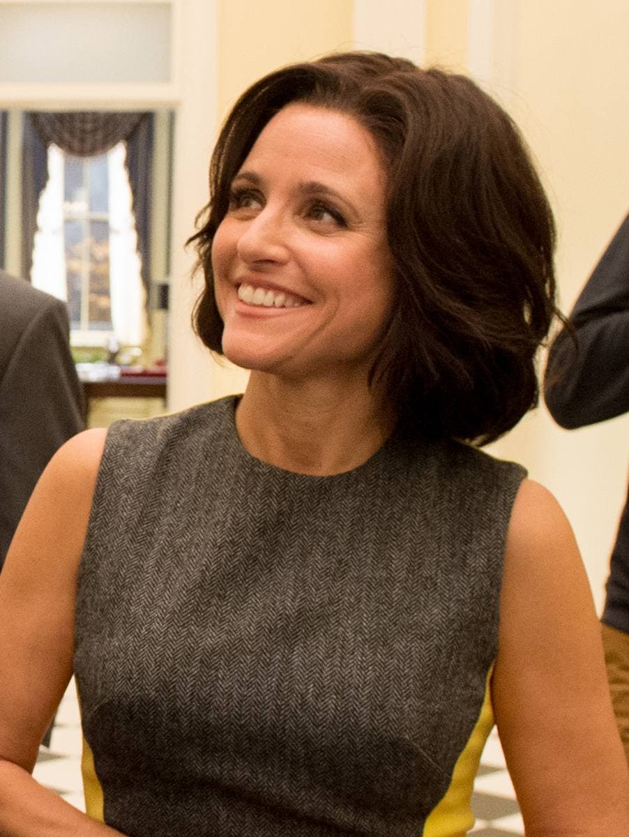Julia Louis-Dreyfus in a grey dress, smiling and looking up, in a pale corridor set