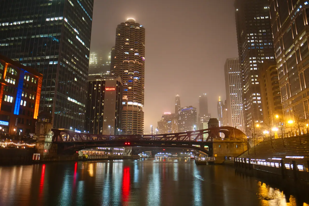 The Chicago River and Marina City on a rainy night