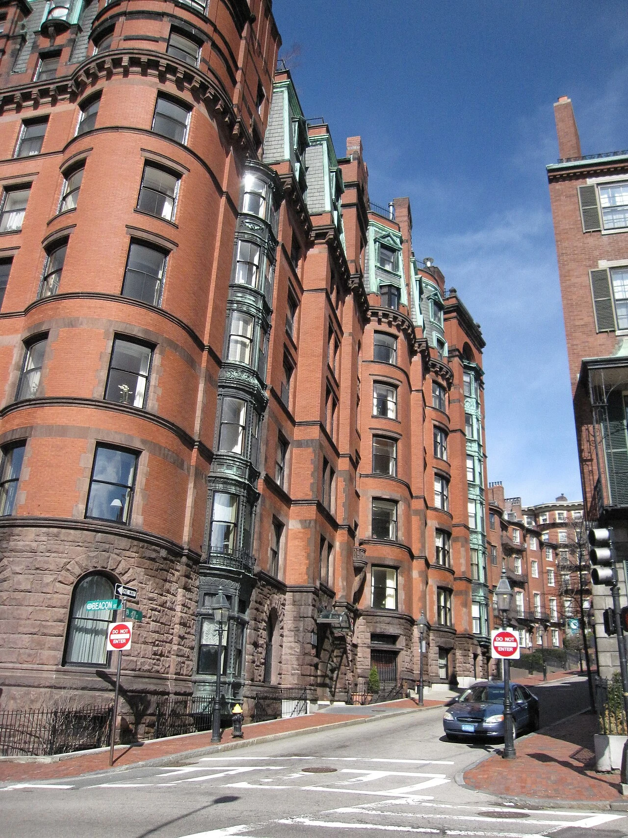 Red-brick buildings at Joy and Beacon Streets, Boston, in 2010