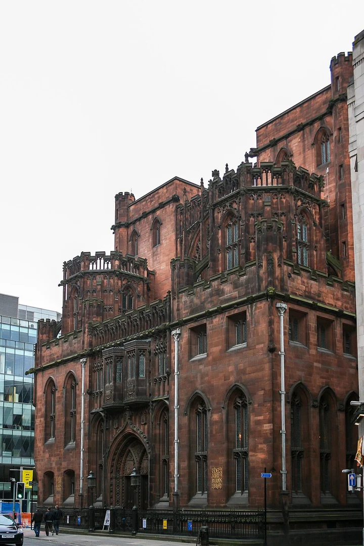 Gothic stone front of the John Rylands Library on Deansgate