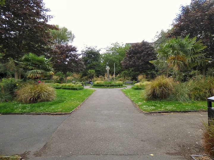 Paths and planted beds around the memorial in St John’s Gardens, Manchester, in June 2017