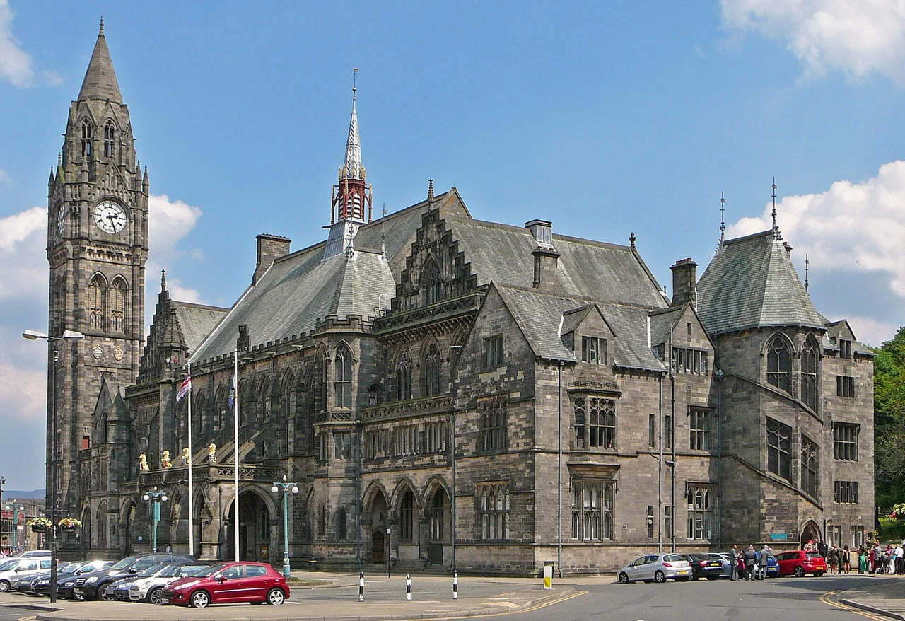 Rochdale Town Hall clocktower, historic façade and forecourt in 2010