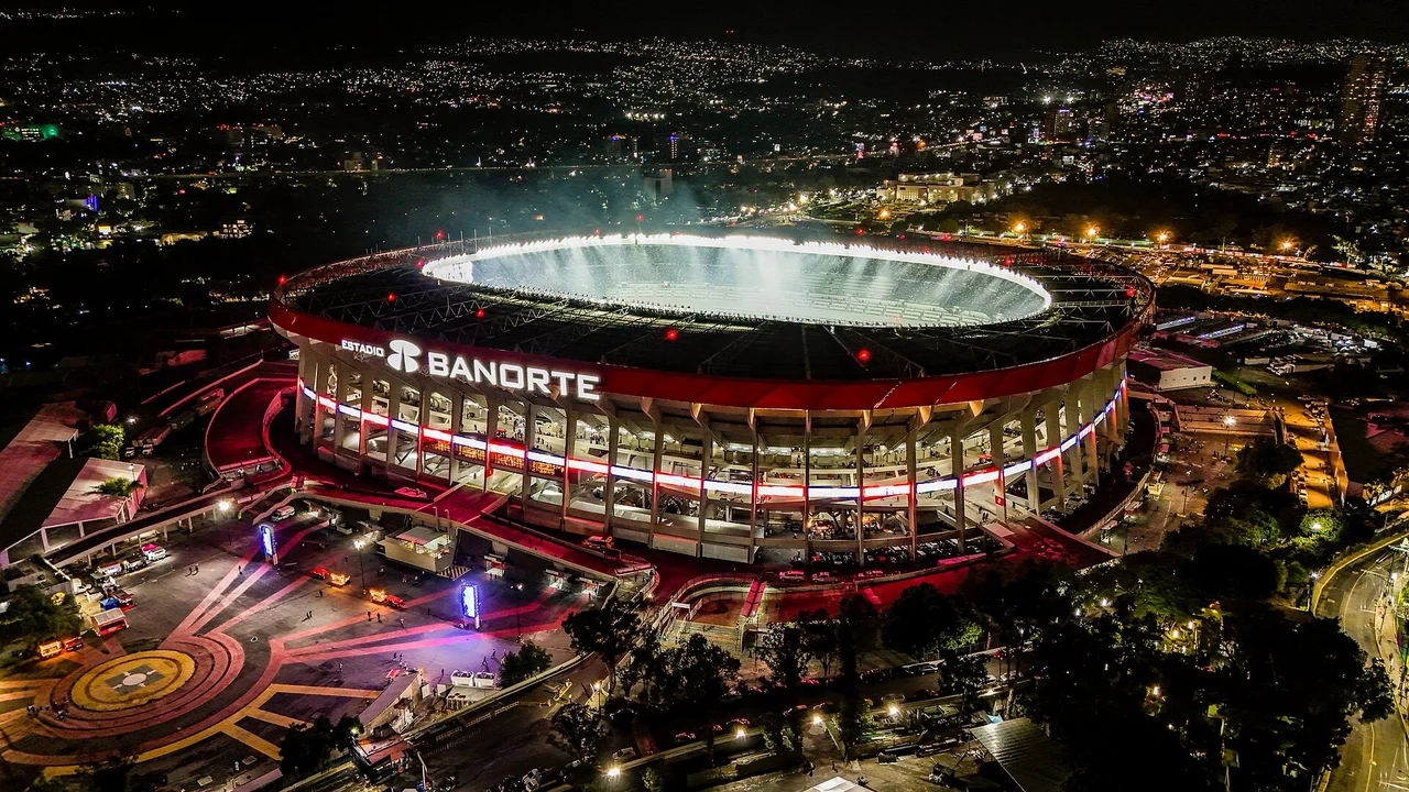 The stadium historically known as Estadio Azteca, illuminated at night in May 2026