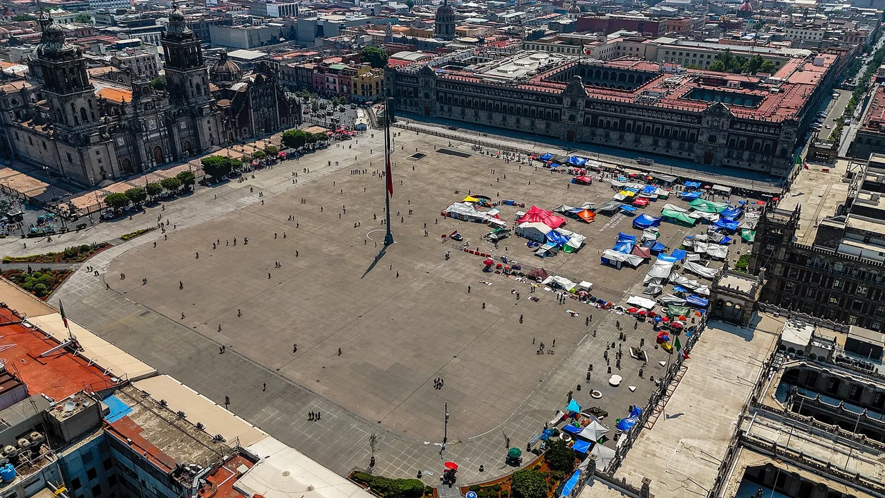 Elevated view across the Zócalo in Mexico City