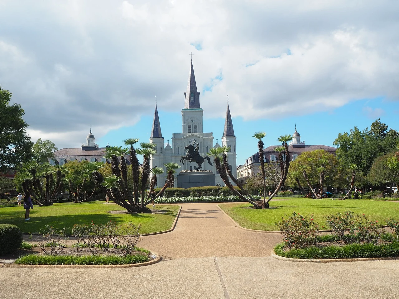 Jackson Square gardens and St Louis Cathedral in New Orleans