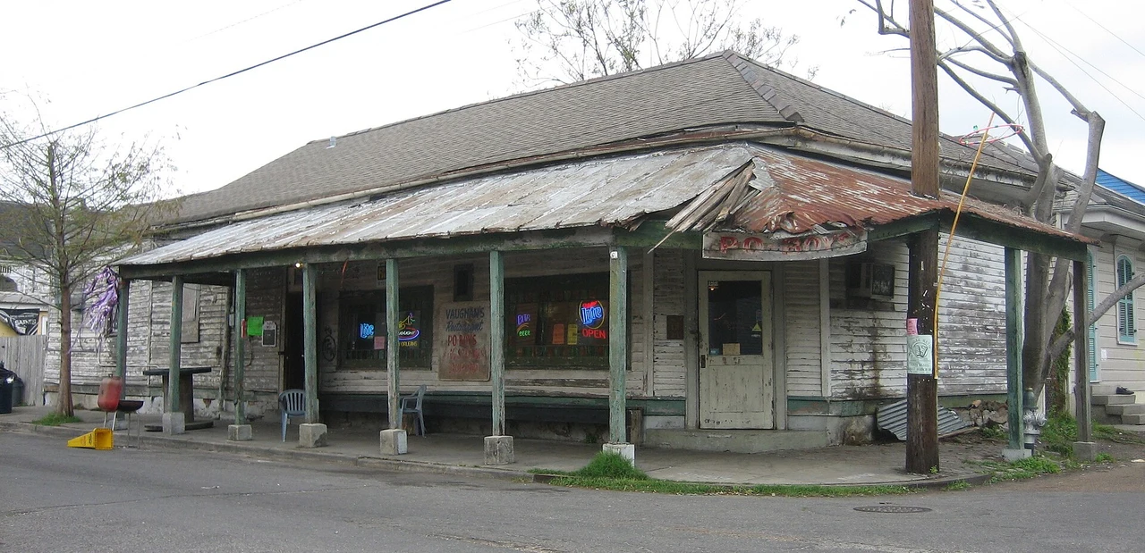 Vaughan’s Lounge in Bywater, with its low corner building and porch