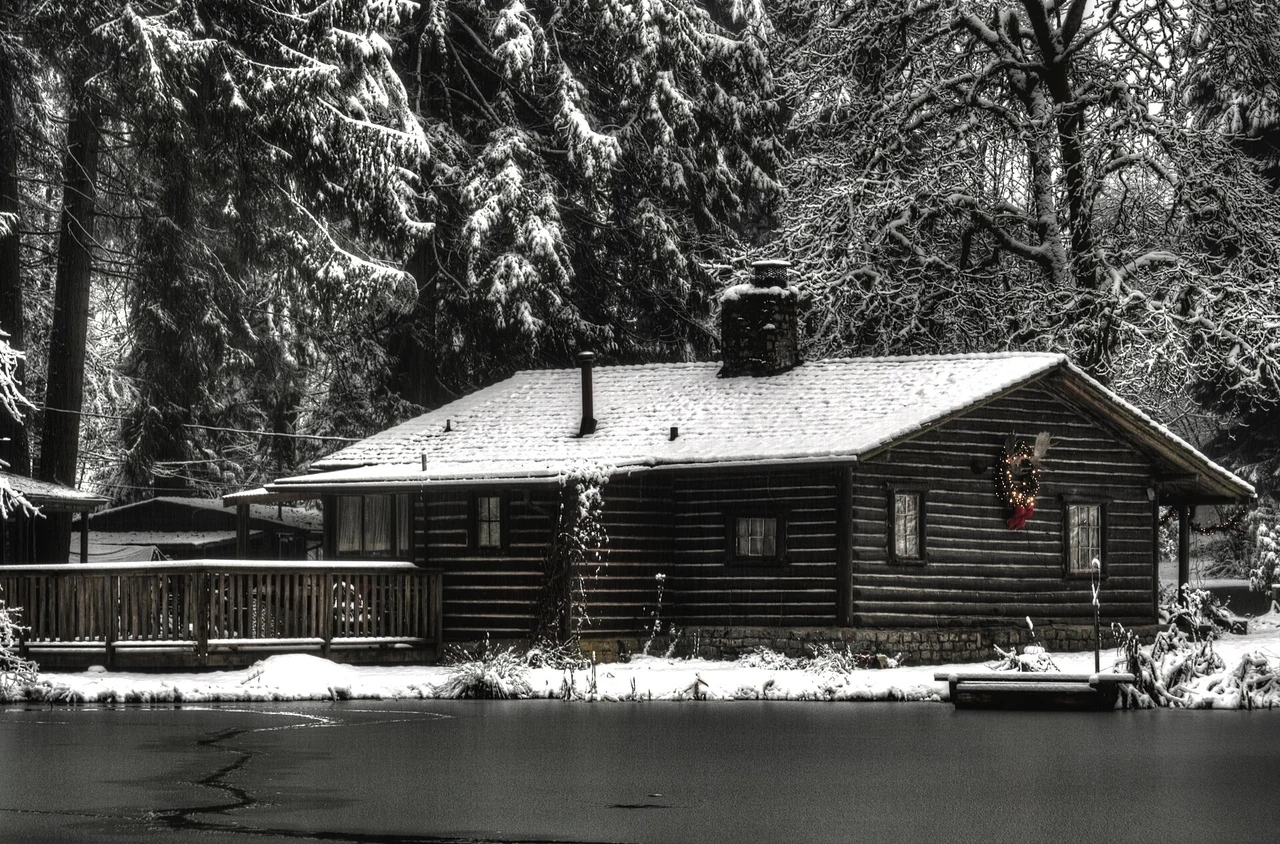 Log cabin beside the pond in Murdo Frazer Park, surrounded by snow-covered trees