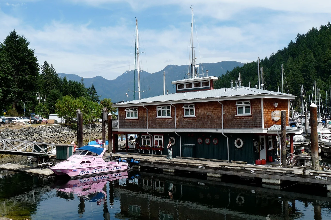 Marina buildings and boats at Snug Cove on Bowen Island