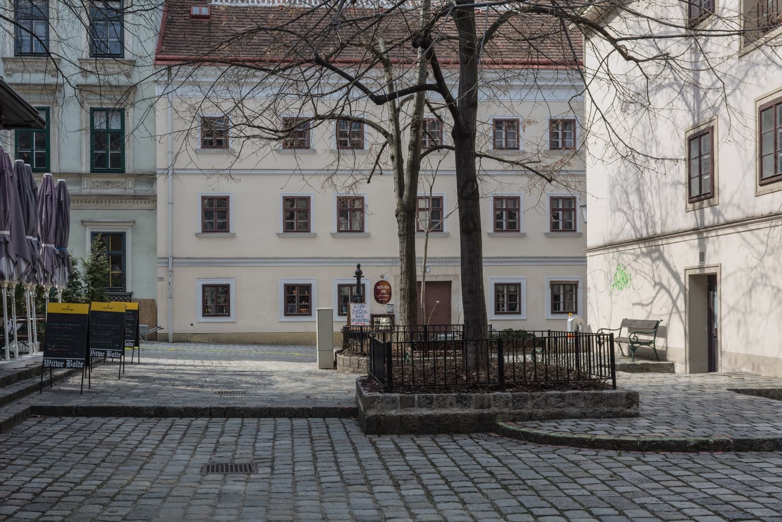 A small cobbled square with a bare tree, between old low houses
