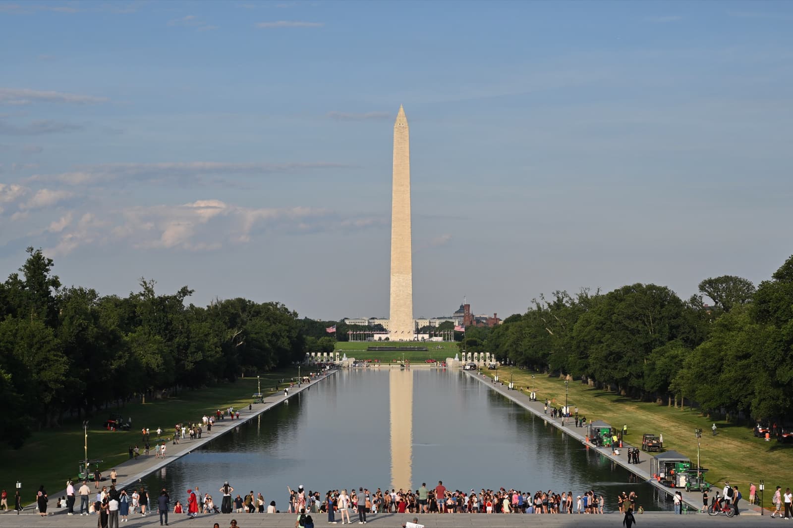 A long reflecting pool with the Washington Monument mirrored in it and crowds at the near end