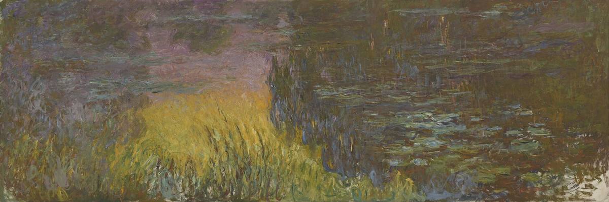 A wide Monet canvas of dark water lilies with a yellow glow of setting sun in the middle