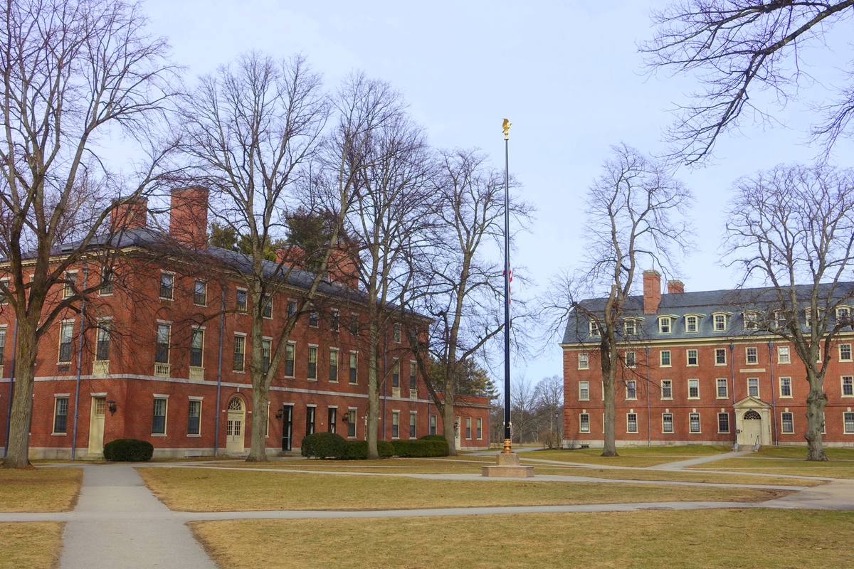 A bare-treed campus green with a tall flagpole between brick halls
