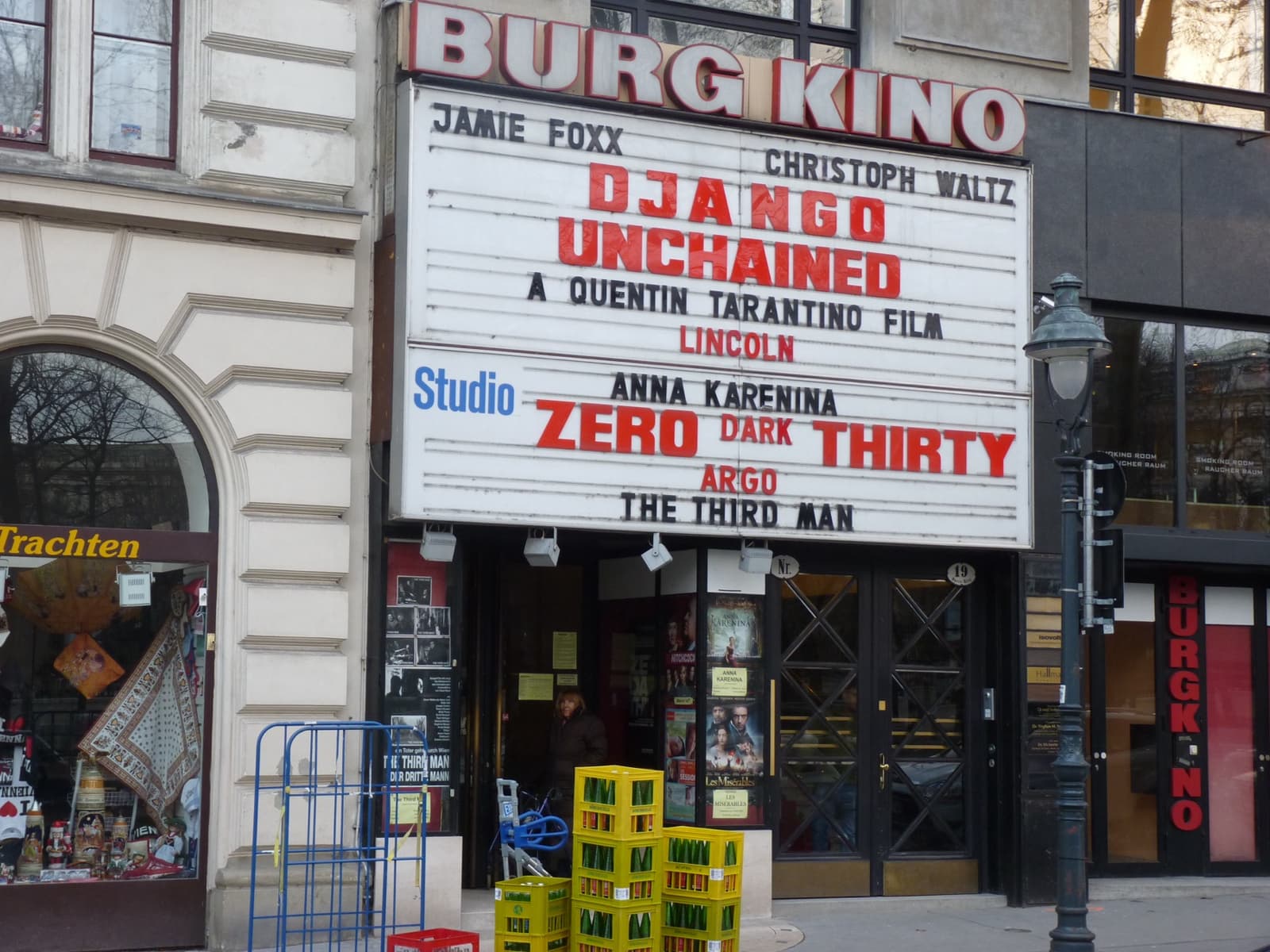 A cinema front with a marquee listing films, The Third Man among them