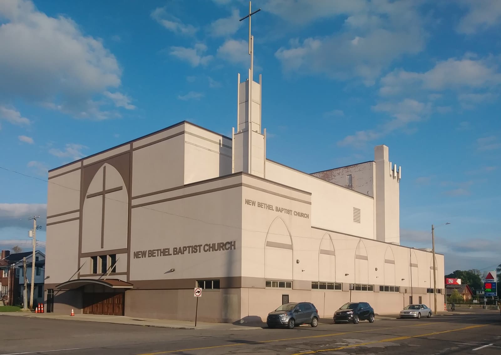 The front of New Bethel Baptist Church on a Detroit street corner