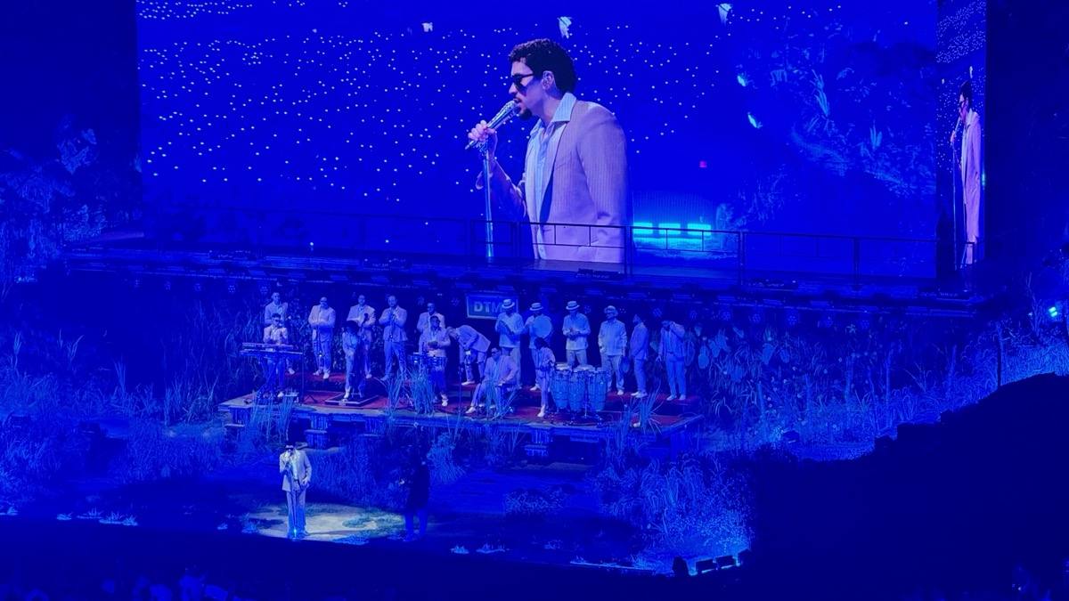 Bad Bunny performing on the main stage of the Coliseo de Puerto Rico, 2025