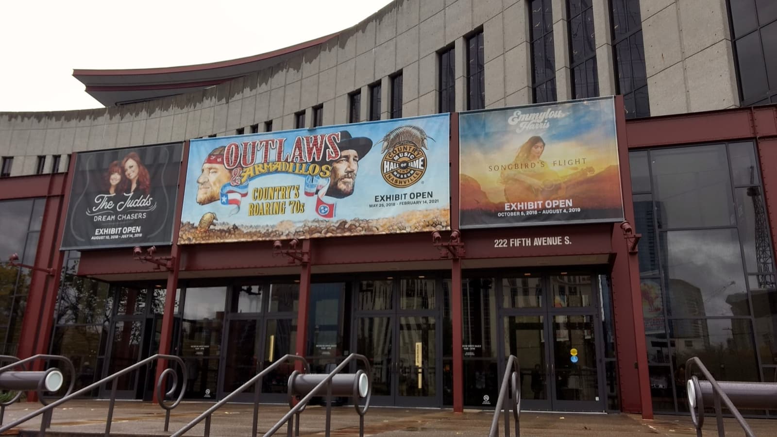 The museum entrance under large exhibition banners