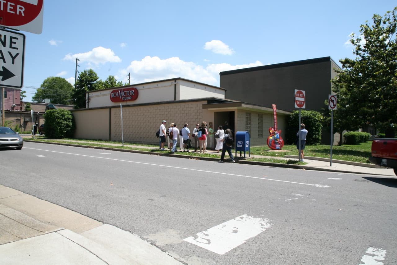 A low brick studio building with an RCA sign