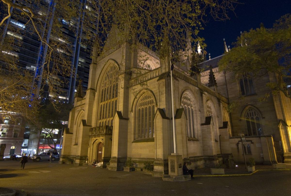 The sandstone Gothic front of St Andrew's Cathedral in Sydney