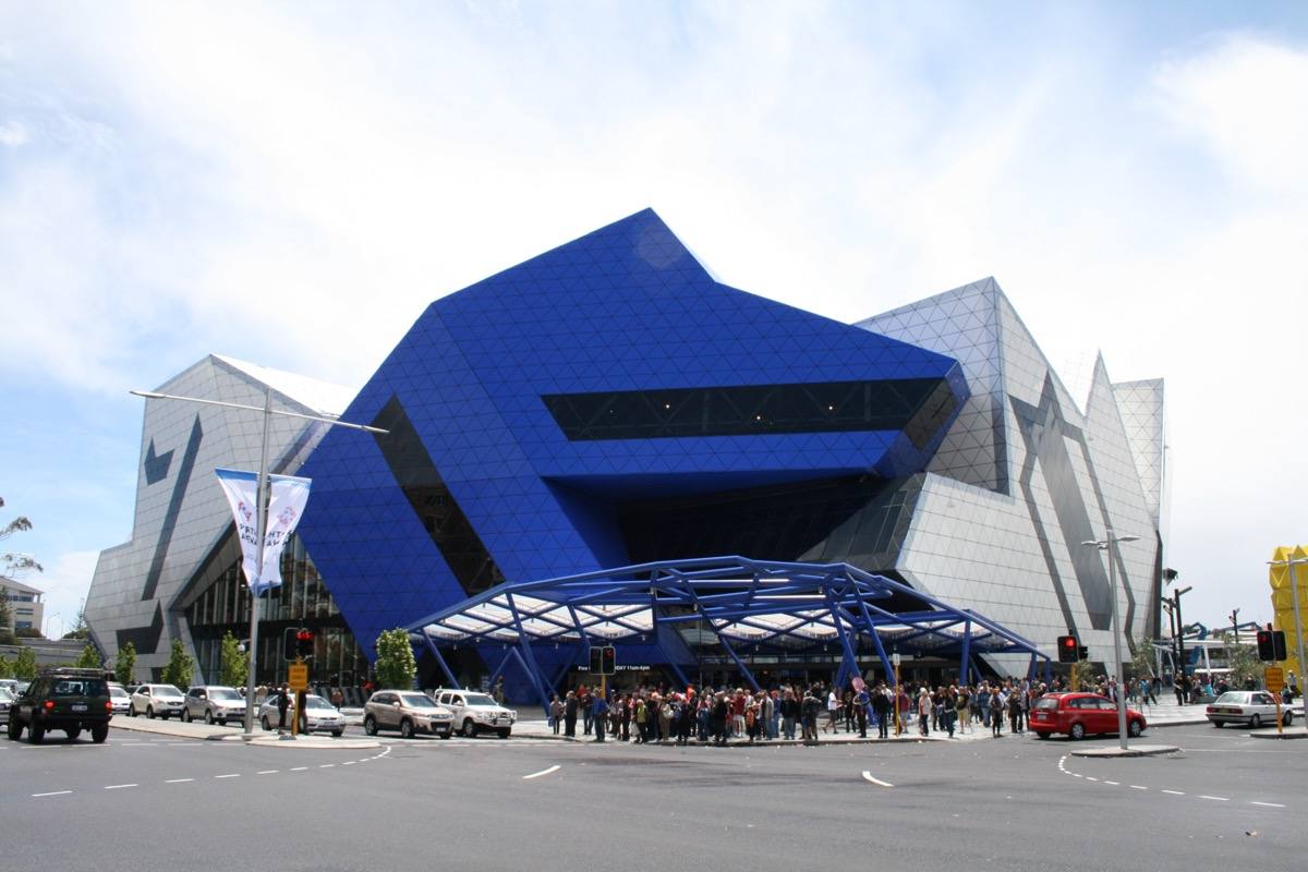 The angular, patterned facade of Perth Arena in 2012